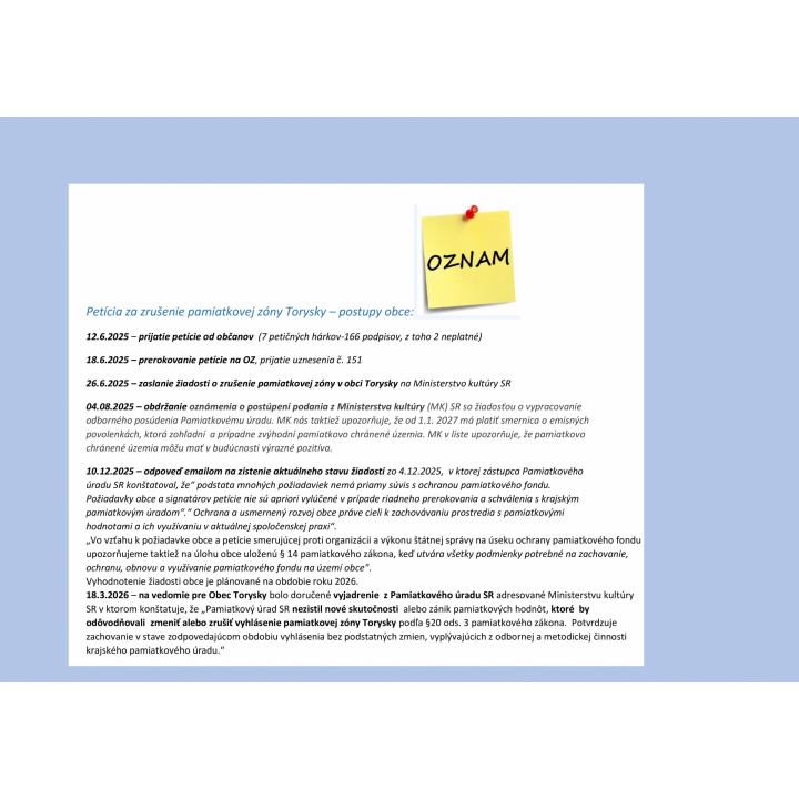 Menšia fotka pre článok Aktuálny stav petície za zrušenie pamiatkovej zóny Torysky