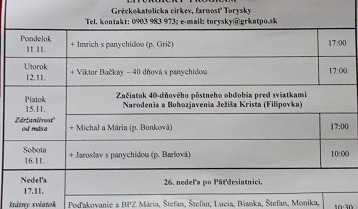 Aktuality / Liturgický program od 11.11. do 17.11., farnosť Torysky - foto