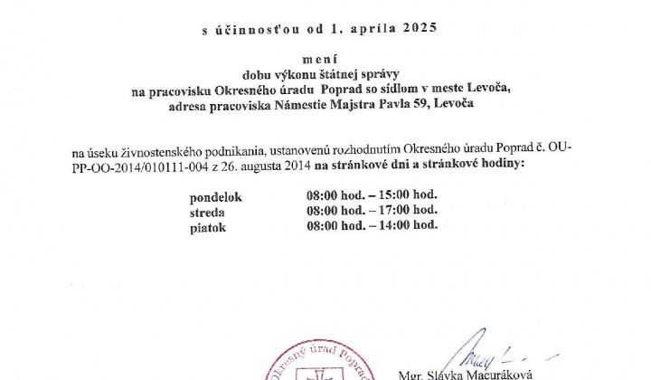 Aktuality / Zmena stránkových hodín Odbor živnostenského podnikania Levoča - foto
