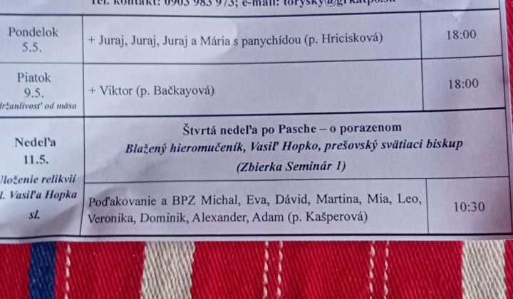 Aktuality / Liturgický program od 05.05. do 11.05., farnosť Torysky - foto