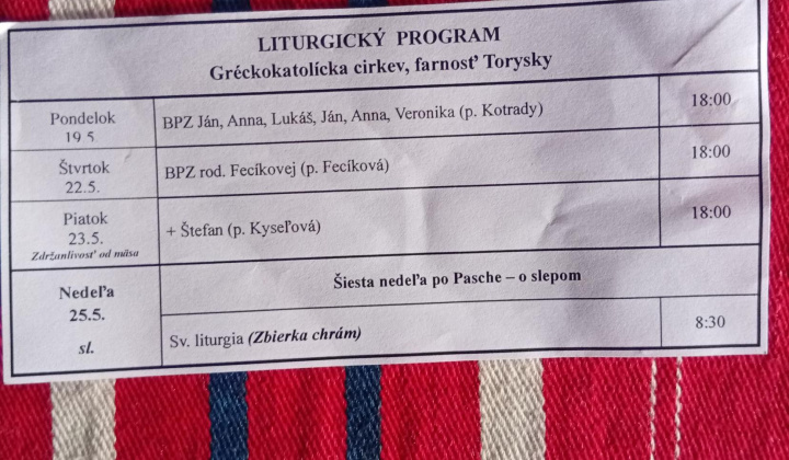 Aktuality / Liturgický program od 19.05. do 25.05., farnosť Torysky - foto