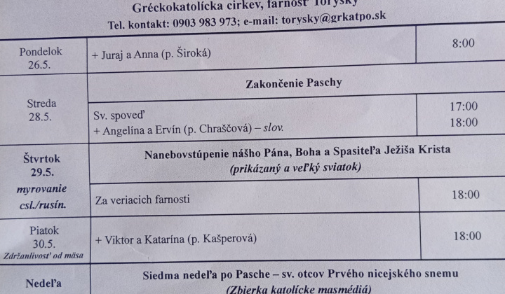 Aktuality / Liturgický program od 26.5. do 1.6. farnosť Torysky - foto