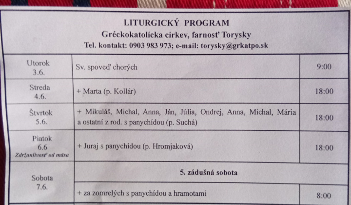 Aktuality / Liturgický program od 02.06. do 08.06. farnosť Torysky - foto
