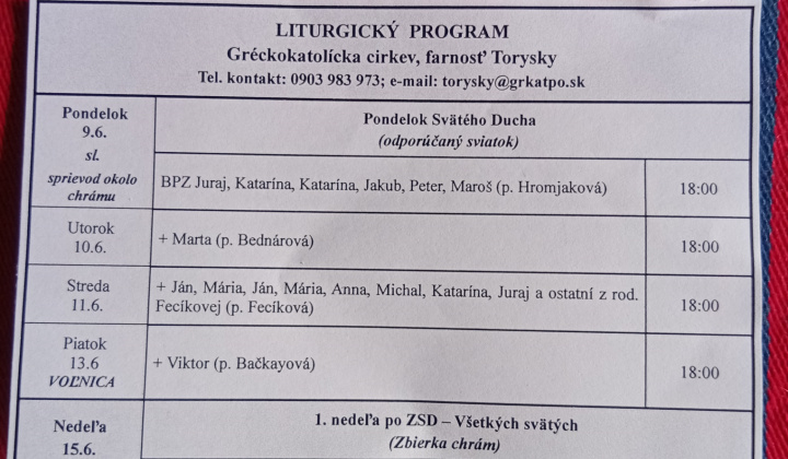 Aktuality / Liturgický program od 9.6. do 15.6., farnosť Torysky - foto