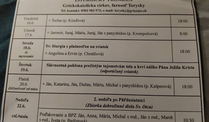Aktuality / Liturgický program od 16.6. do 22.6.2025, farnosť Torysky - foto