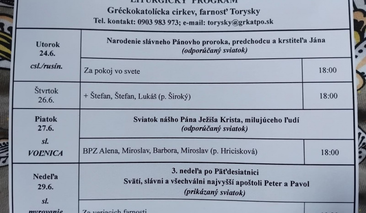 Aktuality / Liturgický program od 23.06. do 29.06., farnosť Torysky - foto
