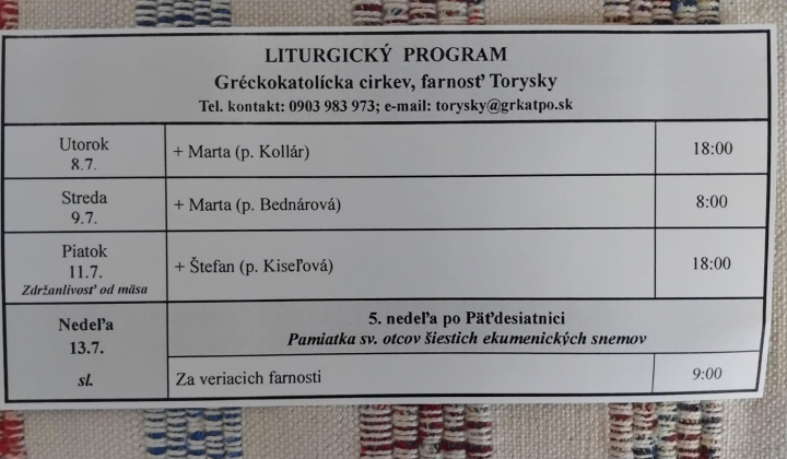 Aktuality / Liturgický program od 7.7. do 13.7., farnosť Torysky - foto