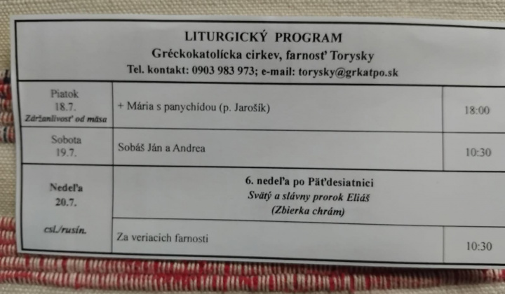 Aktuality / Liturgický program od 14.07. do 20.07., farnosť Torysky - foto