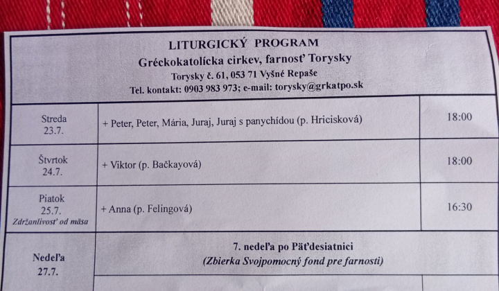Aktuality / Liturgický program od 21.07. do 27.07.2025, farnosť Torysky - foto