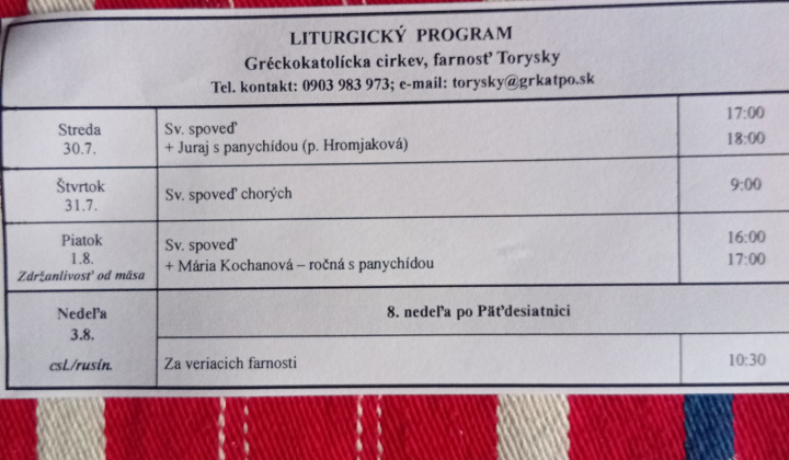 Aktuality / Liturgický program od 28.7. do 3.8.2025, farnosť Torysky - foto