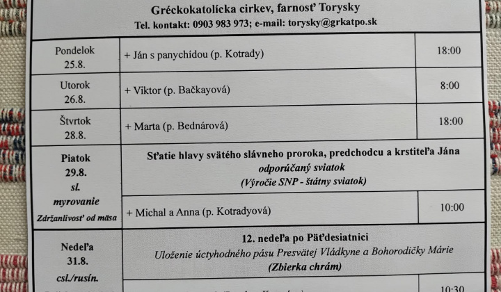 Aktuality / Liturgický program od 24.8. do 31.8., farnosť Torysky - foto