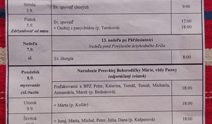 Aktuality / Liturgický program od 1.9. do 14.9. - foto