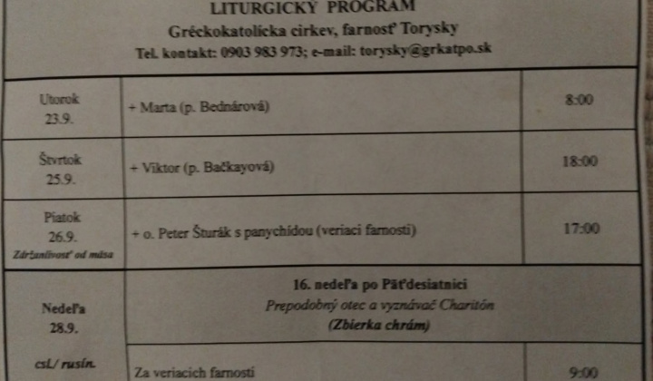 Aktuality / Liturgický program od 22.9. do 285.9., farnosť Torysky - foto