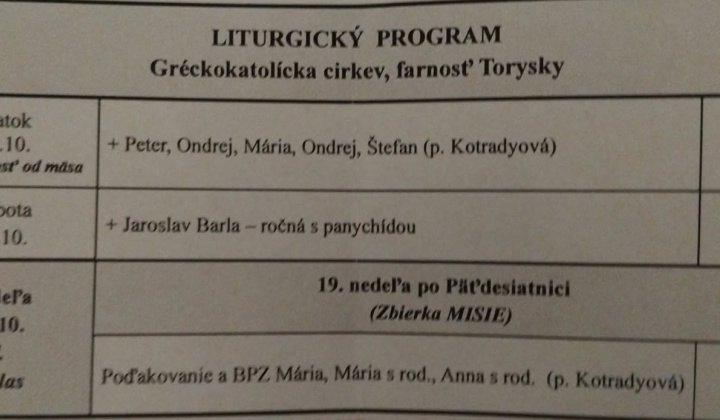 Aktuality / Liturgický program od 13.10. do 19.10.2025, farnosť Torysky - foto