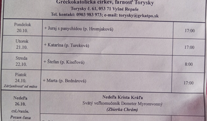 Aktuality / Liturgický program od 20.10. do 26.10.2025, farnosť Torysky - foto