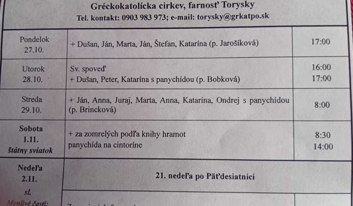 Aktuality / Liturgický program od 27.10. do 02.11.2025, farnosť Torysky - foto