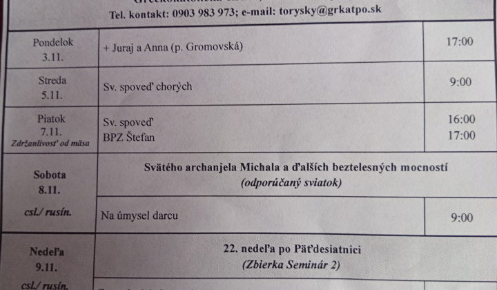 Aktuality / Liturgický program od 02.11. do 09.11.2025, farnosť Torysky - foto