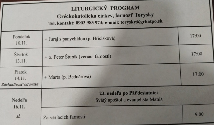 Aktuality / Liturgický program od 10.11. do 16.11., farnosť Torysky - foto