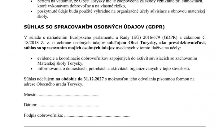 Aktuality / Tlačivá pre dobrovoľníkov a záujemcov o umiestnenie detí do MŠ Torysky - foto