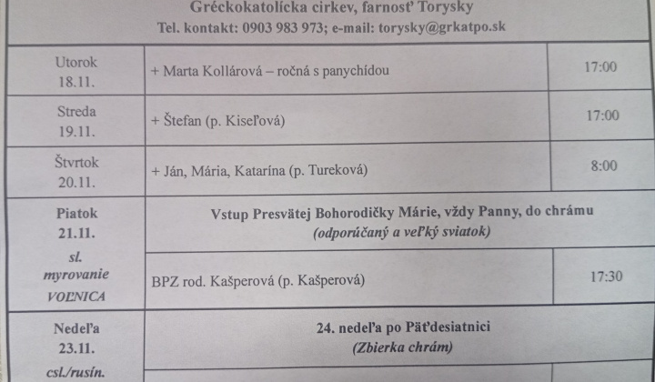 Aktuality / Liturgický program od 17.11. do 23.11.2025, farnosť Torysky - foto