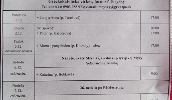 Aktuality / Liturgický program od 01.12. do 07.12.2025, farnosť Torysky - foto