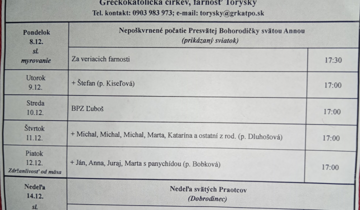Aktuality / Liturgický program od 08.12. do 14.12.2025, farnosť Torysky - foto