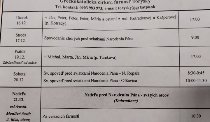 Aktuality / Liturgický program od 15.12. do 21.12.2025, farnosť Torysky - foto
