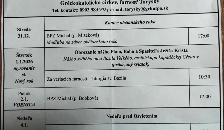 Aktuality / Liturgický program od 29.12. do 04.01.2026, farnosť Torysky - foto