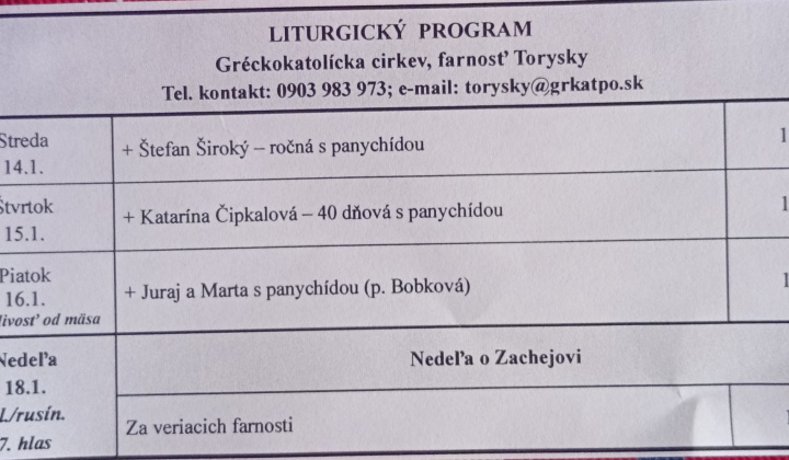 Aktuality / Liturgický program od 12.01. do 18.01.2026, farnosť Torysky - foto
