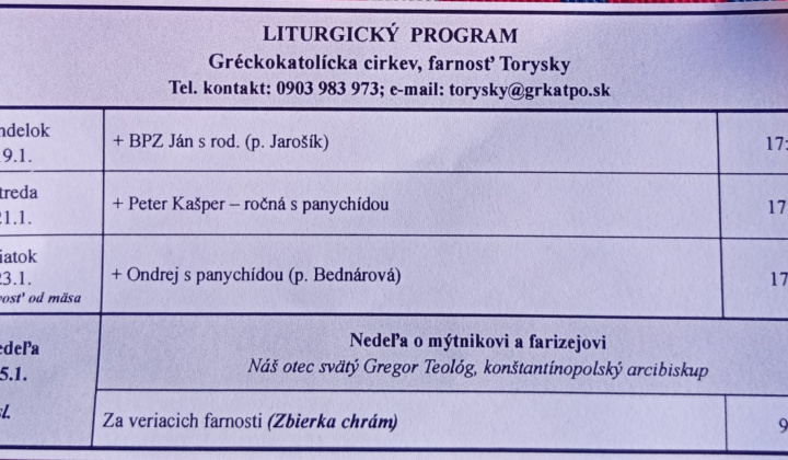 Aktuality / Liturgický program od 19.01. do 25.01.2026, farnosť Torysky - foto