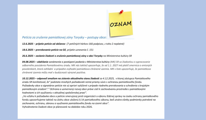 Aktuality / stav žiadosti o zrušenie pamiatkovej zóny v obci Torysky - foto