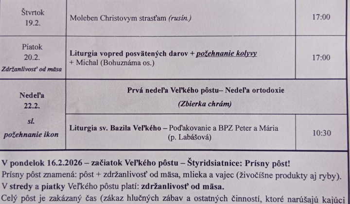 Aktuality / Liturgický program od 16.02 do 22.02.2026, farnosť Torysky - foto