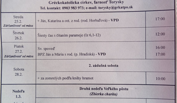 Aktuality / Liturgický program od 23.02. do 01.03.2026, farnosť Torysky - foto