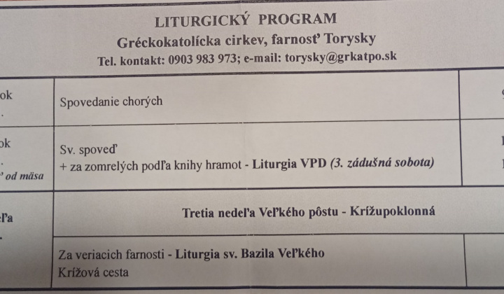 Aktuality / Liturgický program od 02.03. do 08.03.2026, farnosť Torysky - foto
