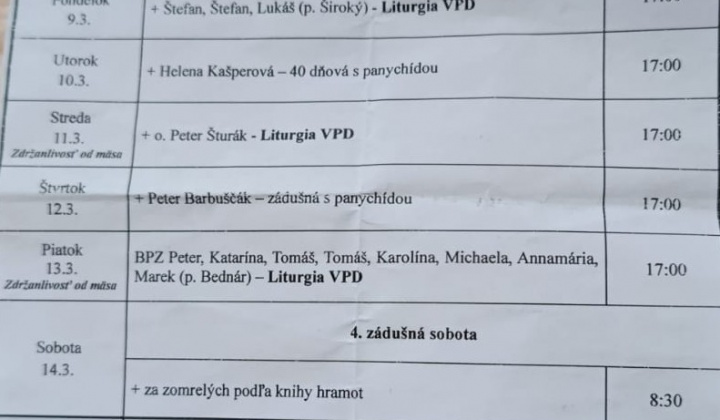 Aktuality / Liturgický program od 09.03. do 15.03.2026, farnosť Torysky - foto