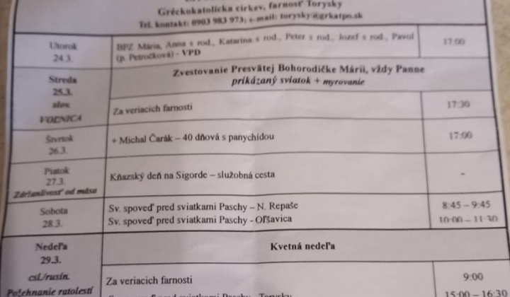 Aktuality / Liturgický program od 23.03. do 29.03.2026, farnosť Torysky - foto