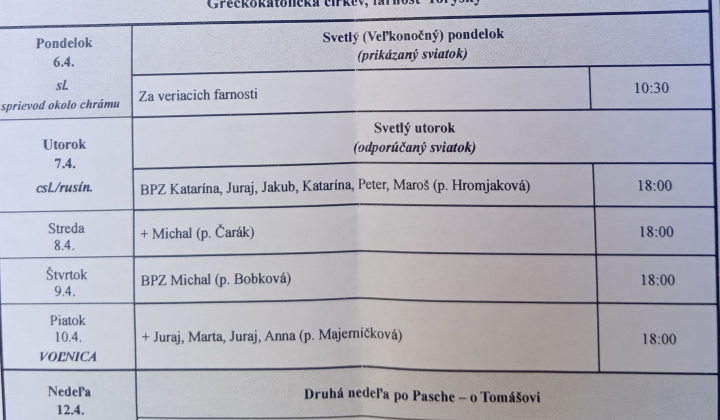 Aktuality / Liturgický program od 06.04. do 12.04.2026, farnosť Torysky - foto