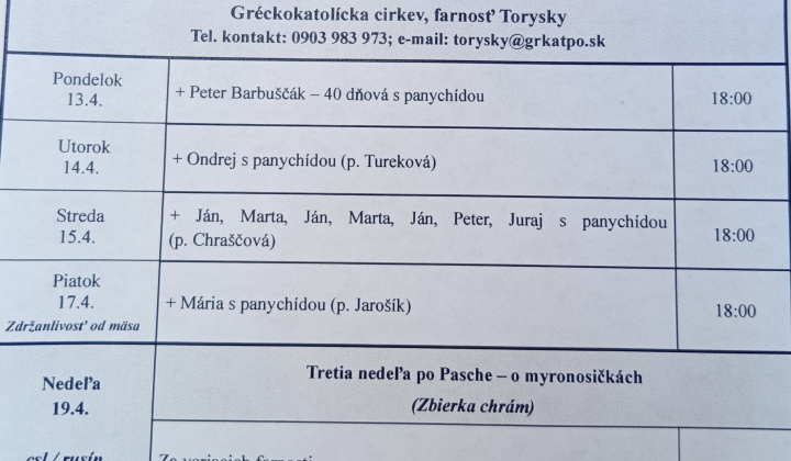 Aktuality / Liturgický program od 13.04. do 19.04.2026, farnosť Torysky - foto