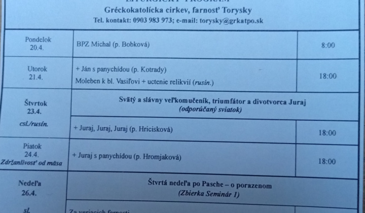 Aktuality / Liturgický program od 20.04. do 26.04.2026, farnosť Torysky - foto