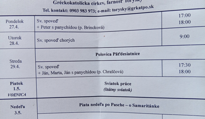 Aktuality / Liturgický program od 27.04. do 03.05.2026, farnosť Torysky - foto