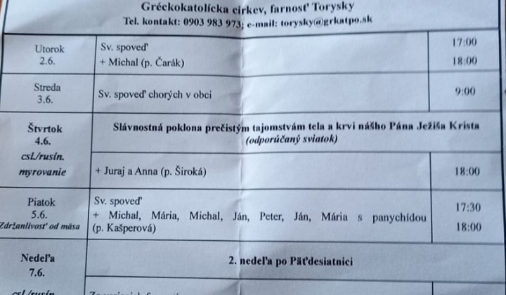 Aktuality / Liturgický program od 01.06. do 07.06., farnosť Torysky - foto