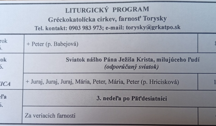 Aktuality / Liturgický program od 08.06. do 14.06.2026, farnosť Torysky - foto