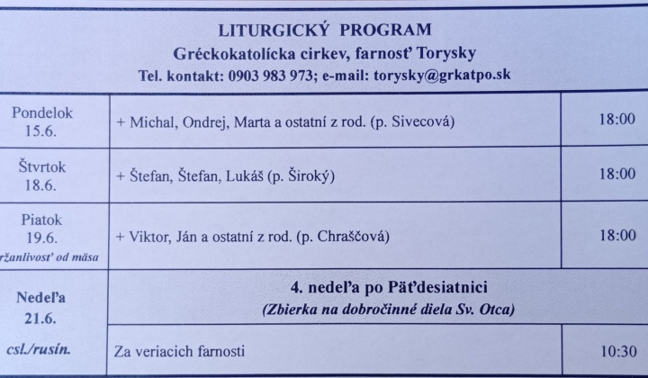Aktuality / Liturgický program od 15.06. do 21.06., farnosť Torysky - foto