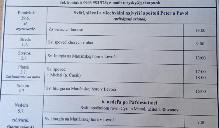 Aktuality / Liturgický program od 29.06. do 05.7.2026, farnosť Torysky - foto