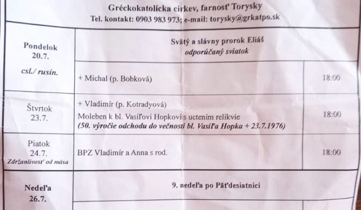 Aktuality / Liturgický program od 20.07. do 26.07.2026, farnosť Torysky - foto