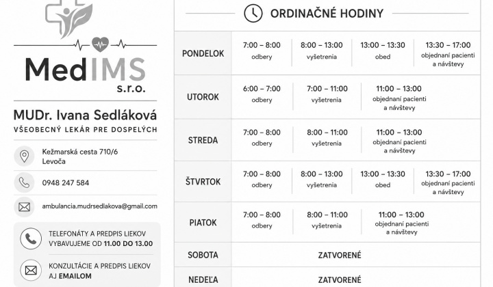 Aktuality / Ordinačné hodiny MUDr. Ivana Sedláková, všeobecný lekár pre dospelých - foto