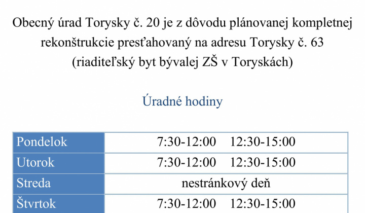 Aktuality / Obecný úrad presťahovaný na adrese Torysky 63 - foto