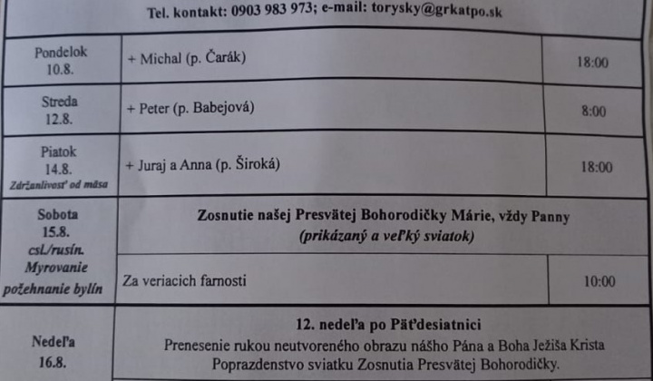 Aktuality / Liturgický program od 10.8. do 16.08., farnosť Torysky - foto