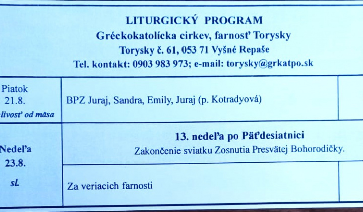 Aktuality / Liturgický program od 17.8. do 23.8.2026, farnosť Torysky - foto