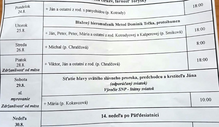 Aktuality / Liturgický program od 24.8. do 30.8.2026, farnosť Torysky - foto